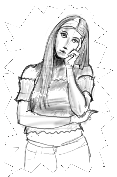 Pencil sketch of a young woman resting her chin on her hand, gaze drifting, looking spent.