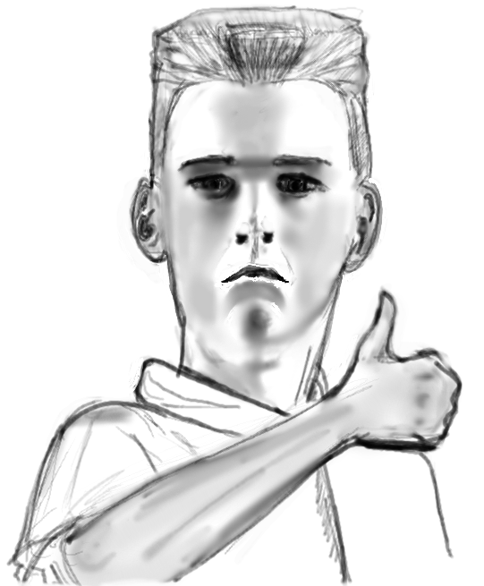Pencil sketch of a young man giving a thumbs-up.