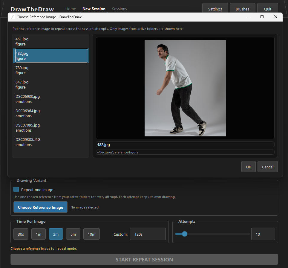 Repeat One Image reference picker showing available images and a large preview of the selected reference.